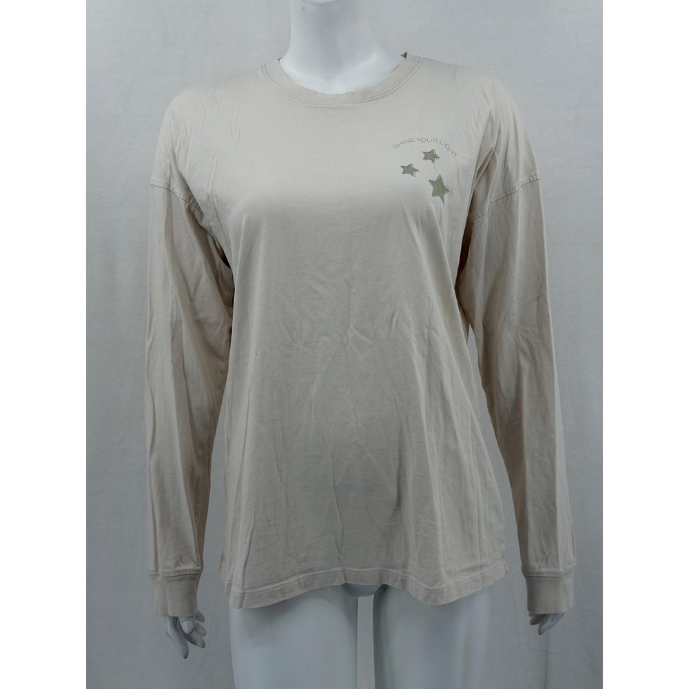 Spiritual Gangster Top Womens Medium Beige Long Sleeve Shine Your Light Graphic